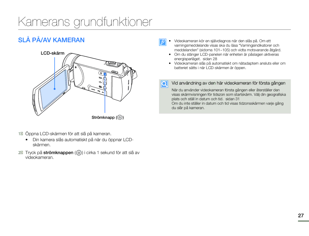 Samsung HMX-H303BP/EDC, HMX-H300BP/EDC, HMX-H300RP/EDC manual Kamerans grundfunktioner, SLÅ PÅ/AV Kameran, LCD-skärm 