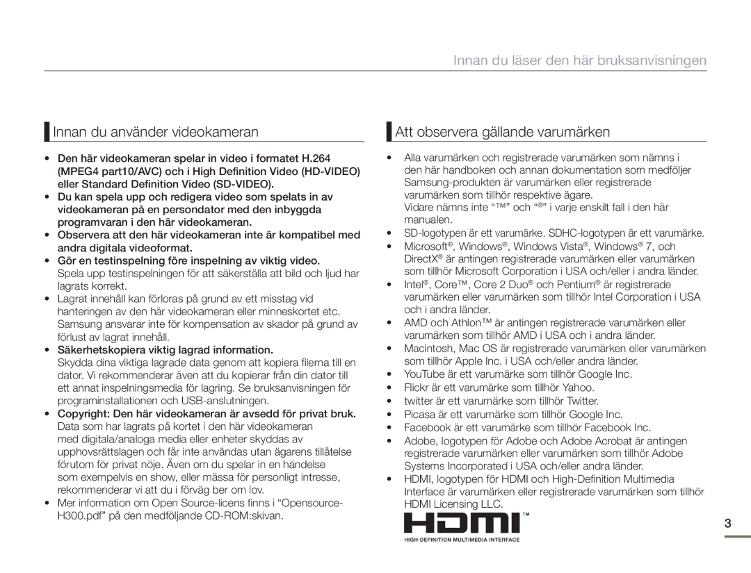 Samsung HMX-H303BP/EDC, HMX-H300BP/EDC, HMX-H300RP/EDC, HMX-H300SP/EDC manual Innan du läser den här bruksanvisningen 