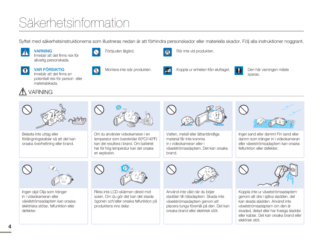 Samsung HMX-H300BP/EDC, HMX-H300RP/EDC, HMX-H300SP/EDC, HMX-H303BP/EDC manual Säkerhetsinformation, Varning 