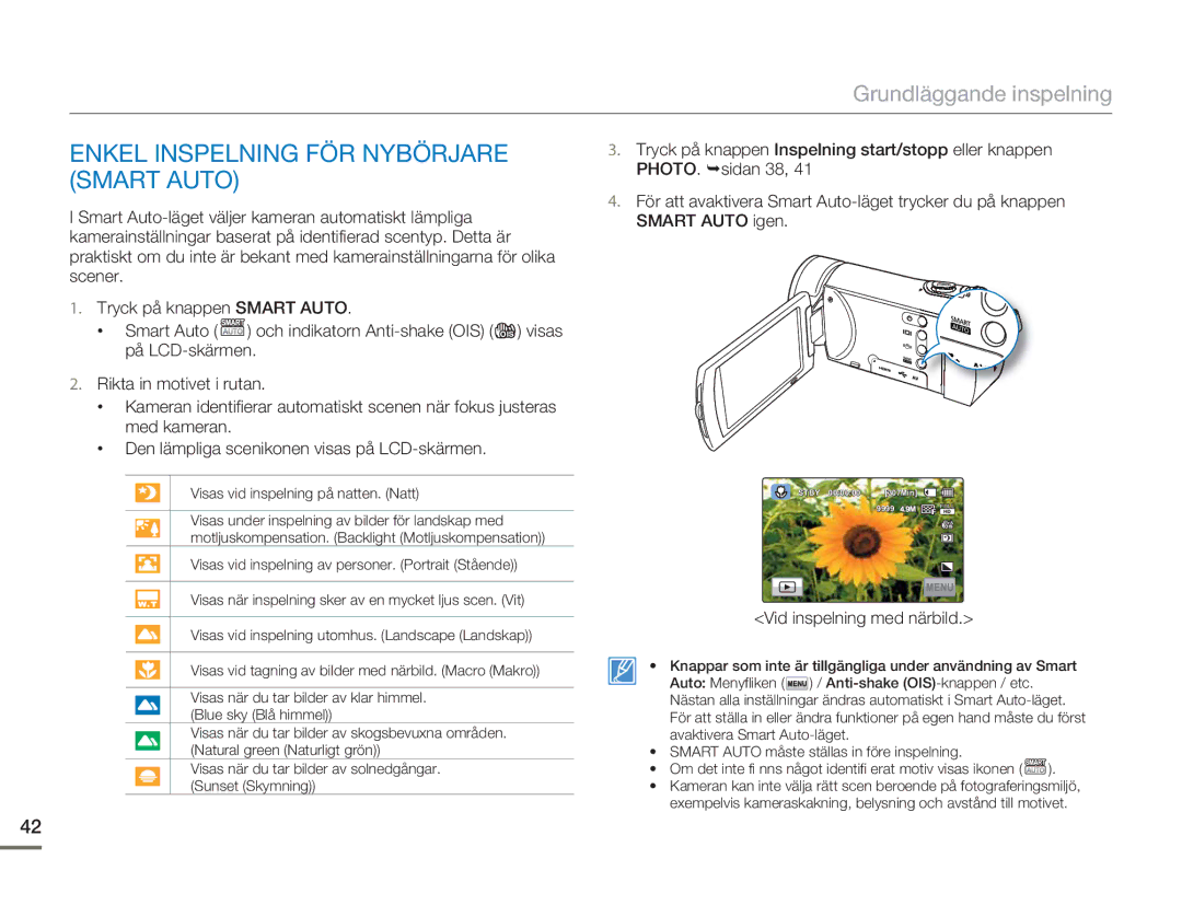 Samsung HMX-H300SP/EDC, HMX-H300BP/EDC manual Enkel Inspelning FÖR Nybörjare Smart Auto, Vid inspelning med närbild 