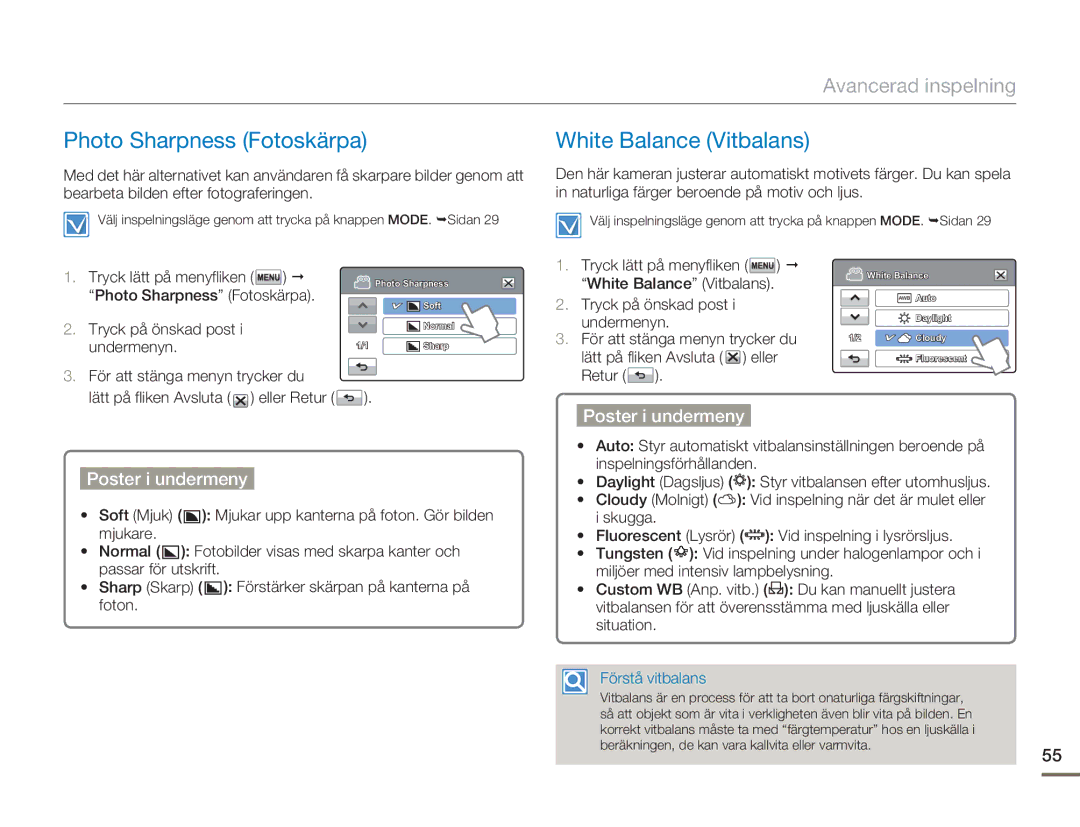 Samsung HMX-H303BP/EDC, HMX-H300BP/EDC manual Photo Sharpness Fotoskärpa, White Balance Vitbalans, Förstå vitbalans 