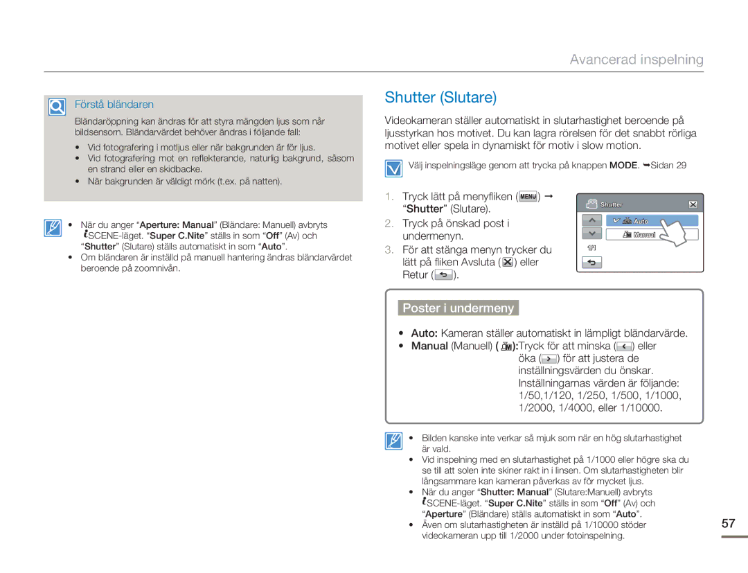 Samsung HMX-H300RP/EDC, HMX-H300BP/EDC, HMX-H300SP/EDC, HMX-H303BP/EDC manual Shutter Slutare, Förstå bländaren 