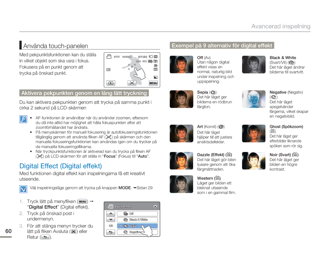 Samsung HMX-H300BP/EDC Digital Effect Digital effekt, Använda touch-panelen, Exempel på 9 alternativ för digital effekt 