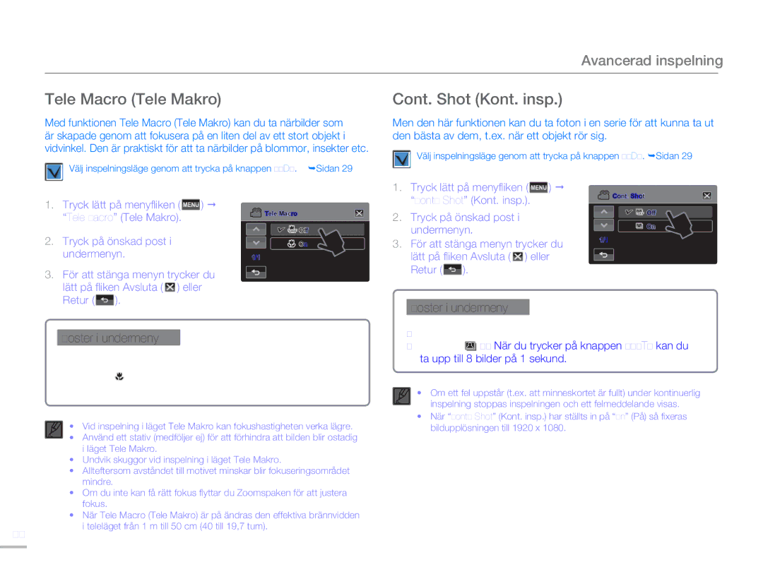 Samsung HMX-H300SP/EDC, HMX-H300BP/EDC, HMX-H300RP/EDC, HMX-H303BP/EDC manual Tele Macro Tele Makro, Cont. Shot Kont. insp 