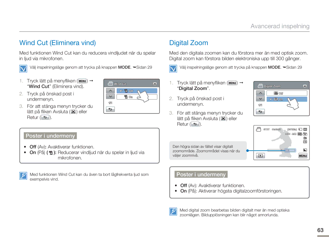 Samsung HMX-H303BP/EDC, HMX-H300BP/EDC, HMX-H300RP/EDC, HMX-H300SP/EDC manual Wind Cut Eliminera vind, Digital Zoom 