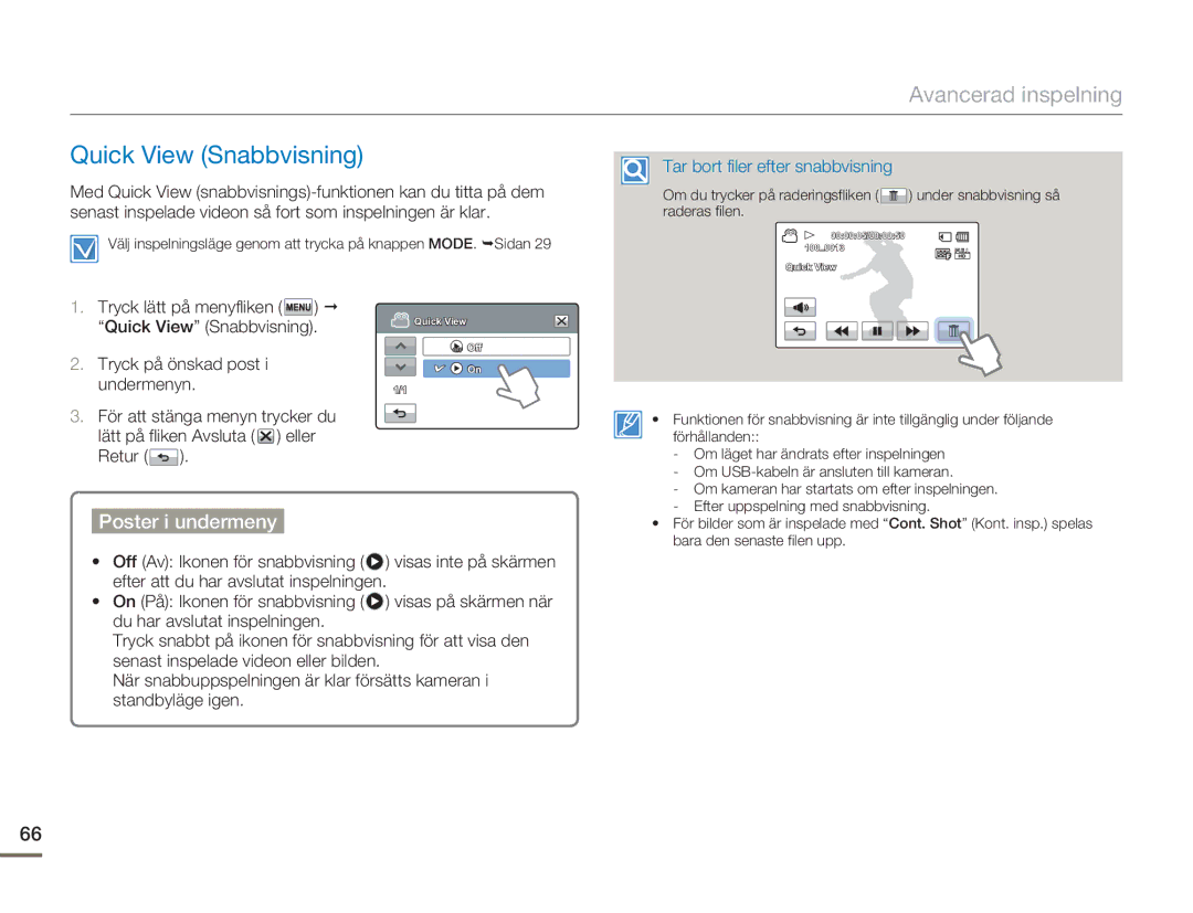 Samsung HMX-H300SP/EDC, HMX-H300BP/EDC, HMX-H300RP/EDC manual Quick View Snabbvisning, Tar bort filer efter snabbvisning 