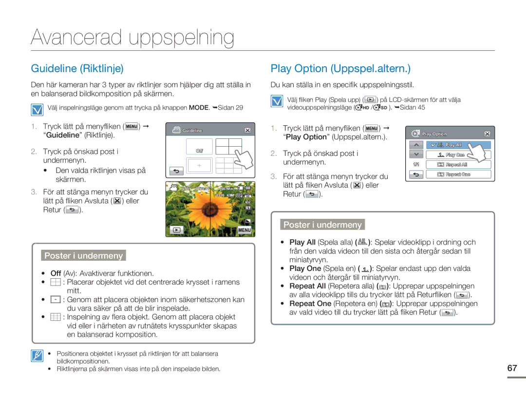 Samsung HMX-H303BP/EDC, HMX-H300BP/EDC manual Avancerad uppspelning, Guideline Riktlinje, Play Option Uppspel.altern 