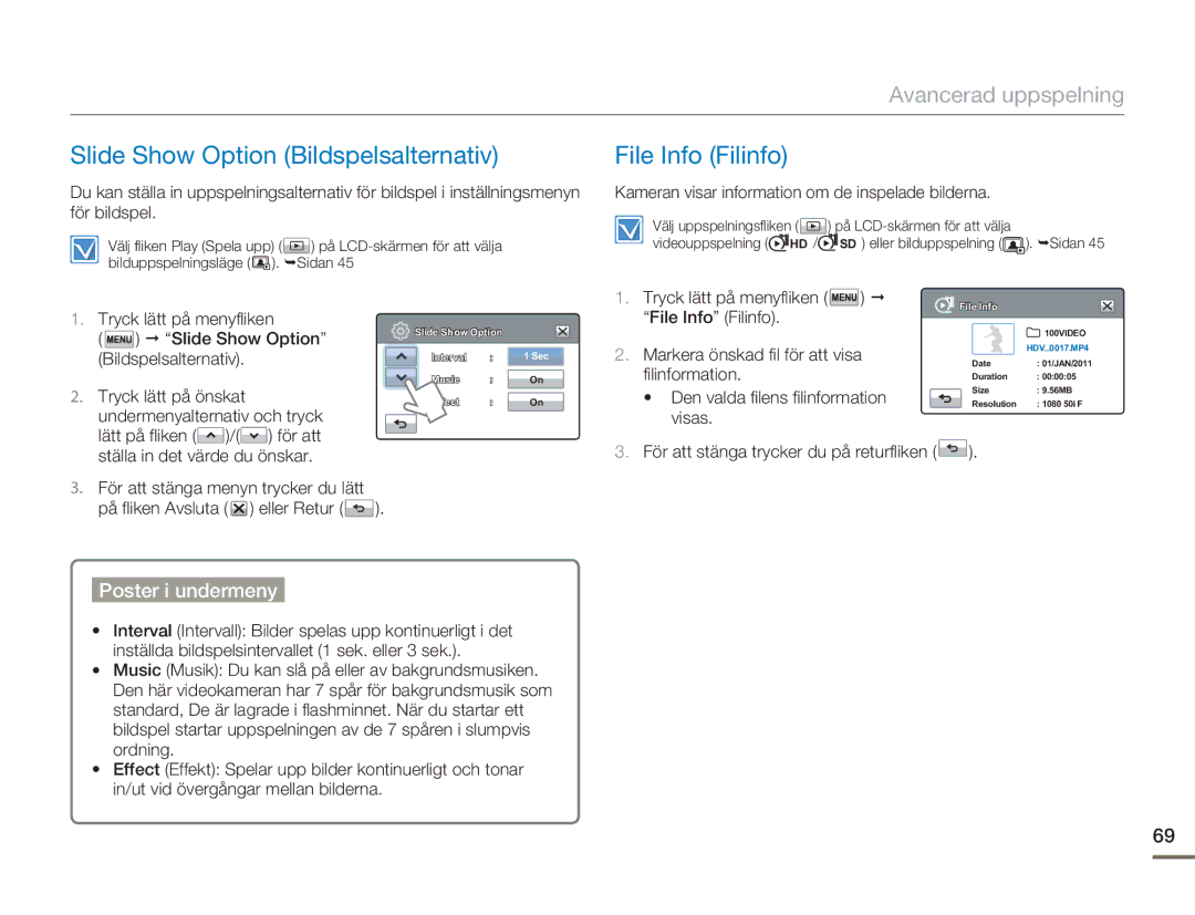 Samsung HMX-H300RP/EDC, HMX-H300BP/EDC, HMX-H300SP/EDC manual Slide Show Option Bildspelsalternativ, File Info Filinfo 