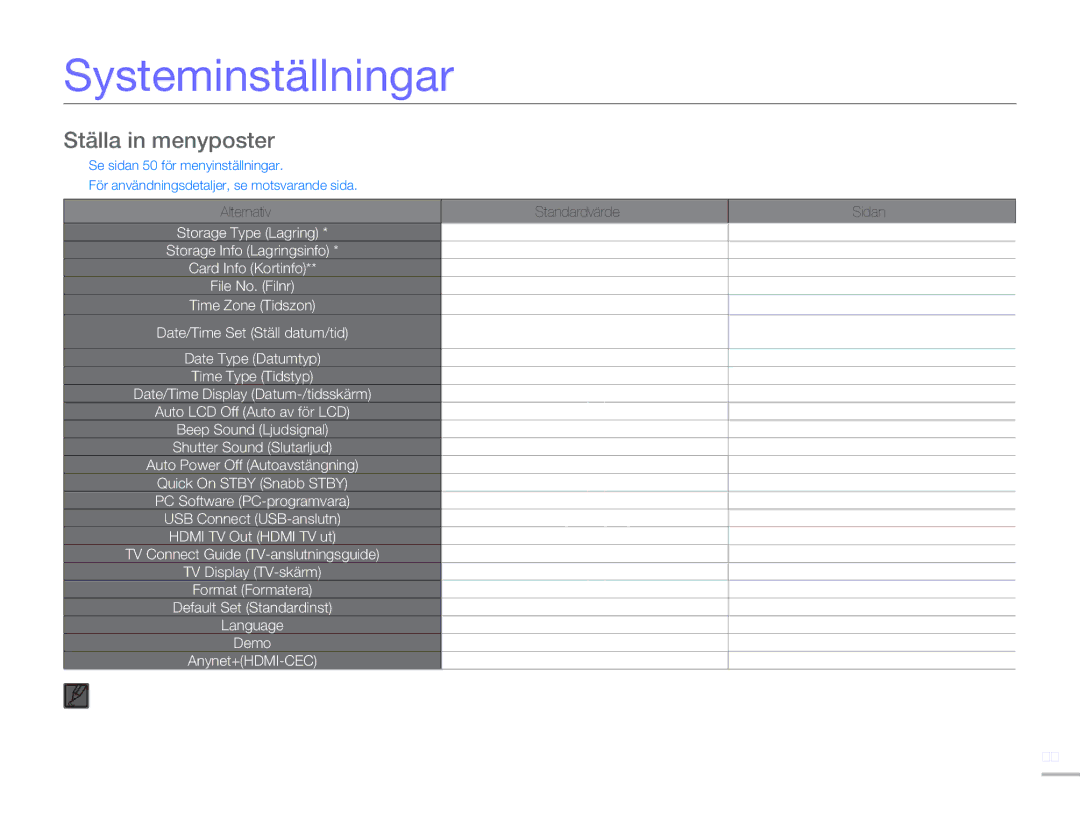 Samsung HMX-H303BP/EDC, HMX-H300BP/EDC, HMX-H300RP/EDC, HMX-H300SP/EDC manual Systeminställningar, Ställa in menyposter 