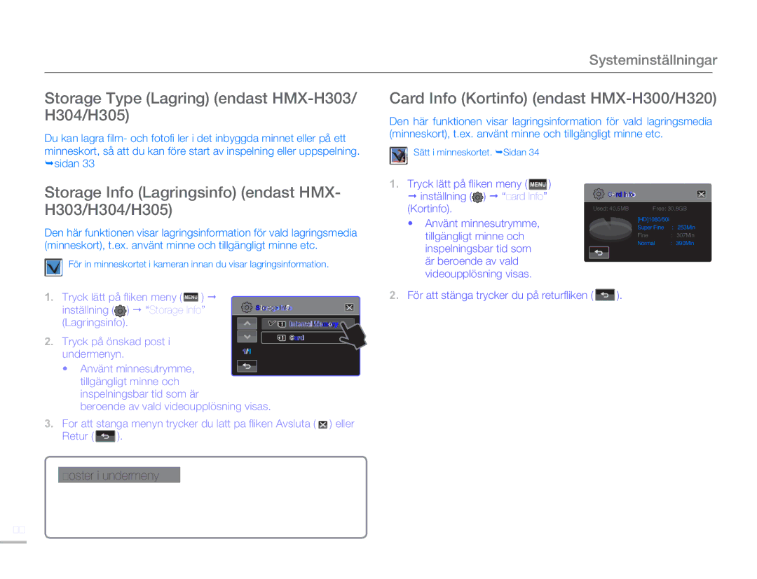 Samsung HMX-H300BP/EDC manual Storage Type Lagring endast HMX-H303/ H304/H305, Card Info Kortinfo endast HMX-H300/H320 