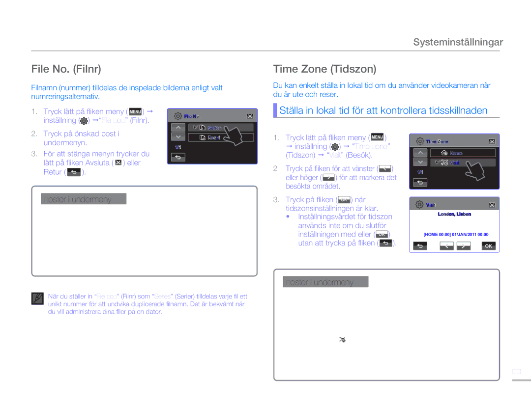 Samsung HMX-H300RP/EDC manual File No. Filnr Time Zone Tidszon, Ställa in lokal tid för att kontrollera tidsskillnaden 