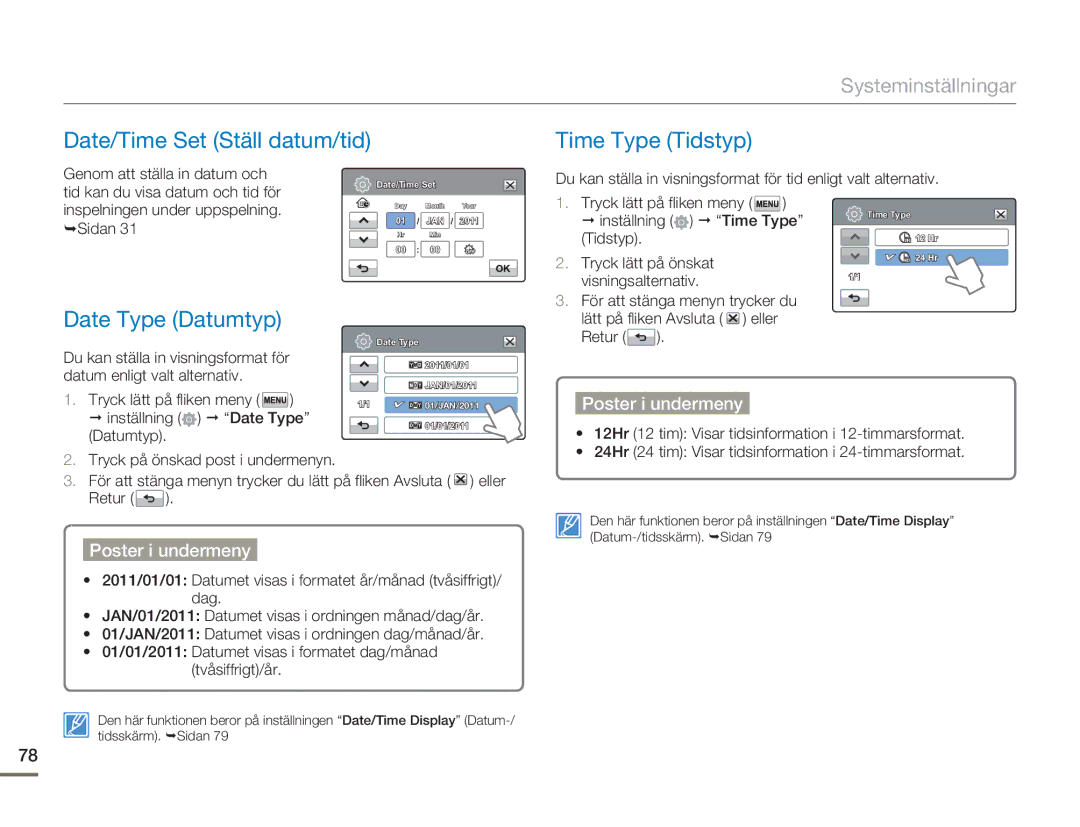 Samsung HMX-H300SP/EDC, HMX-H300BP/EDC, HMX-H300RP/EDC Date/Time Set Ställ datum/tid Time Type Tidstyp, Date Type Datumtyp 