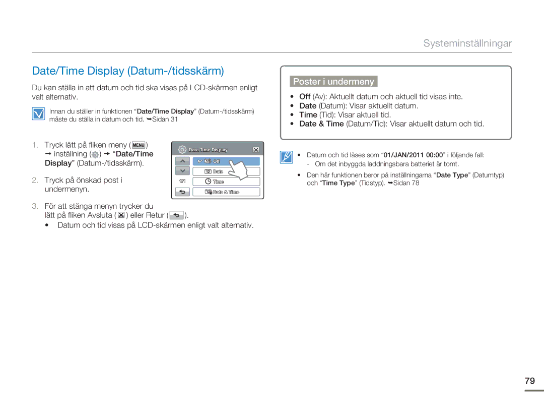 Samsung HMX-H303BP/EDC, HMX-H300BP/EDC, HMX-H300RP/EDC, HMX-H300SP/EDC manual Date/Time Display Datum-/tidsskärm 