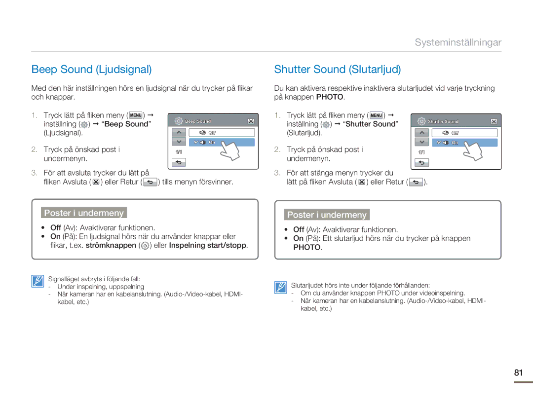 Samsung HMX-H300RP/EDC, HMX-H300BP/EDC manual Beep Sound Ljudsignal, Shutter Sound Slutarljud, Fliken Avsluta eller Retur 