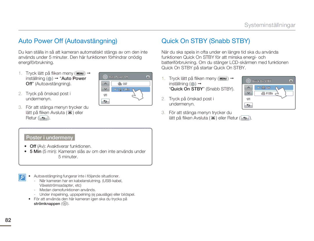 Samsung HMX-H300SP/EDC, HMX-H300BP/EDC, HMX-H300RP/EDC manual Auto Power Off Autoavstängning, Quick On Stby Snabb Stby 