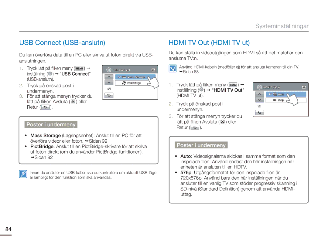 Samsung HMX-H300BP/EDC, HMX-H300RP/EDC, HMX-H300SP/EDC, HMX-H303BP/EDC manual USB Connect USB-anslutn, Hdmi TV Out Hdmi TV ut 