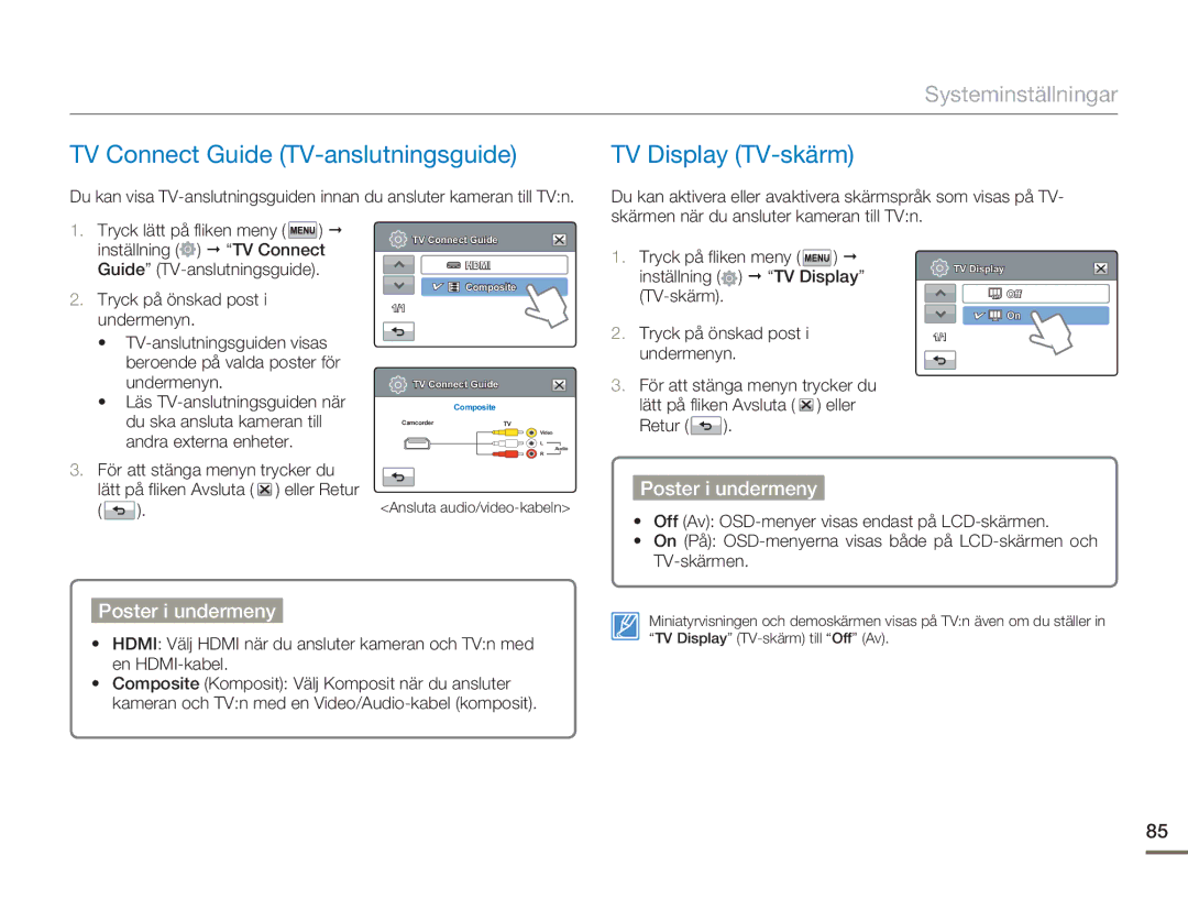 Samsung HMX-H300RP/EDC, HMX-H300BP/EDC manual TV Connect Guide TV-anslutningsguide, TV Display TV-skärm, Eller Retur 