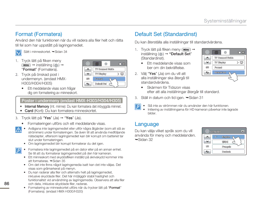 Samsung HMX-H300SP/EDC Format Formatera, Default Set Standardinst, Language, Poster i undermeny endast HMX-H303/H304/H305 