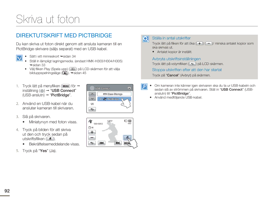 Samsung HMX-H300BP/EDC, HMX-H300RP/EDC manual Skriva ut foton, Direktutskrift MED Pictbridge, Ställa in antal utskrifter 