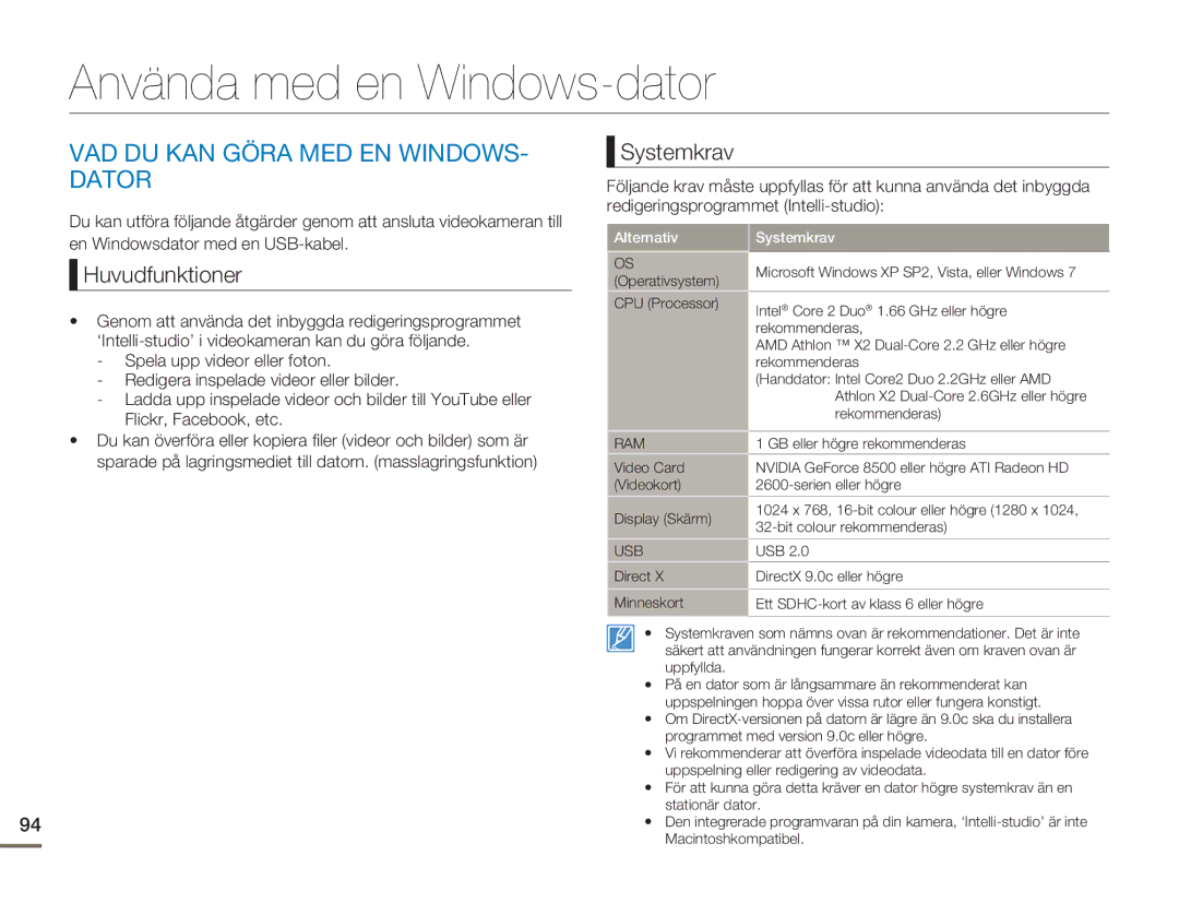 Samsung HMX-H300SP/EDC Använda med en Windows-dator, VAD DU KAN Göra MED EN WINDOWS- Dator, Systemkrav, Huvudfunktioner 