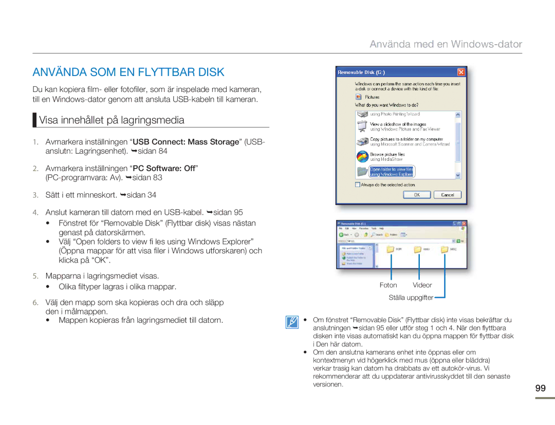 Samsung HMX-H303BP/EDC, HMX-H300BP/EDC, HMX-H300RP/EDC manual Använda SOM EN Flyttbar Disk, Visa innehållet på lagringsmedia 