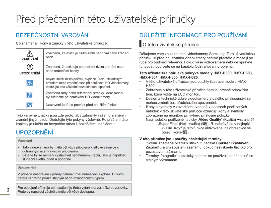 Samsung HMX-H304BP/EDC Před přečtením této uživatelské příručky, Bezpečnostní Varování, Důležité Informace PRO Používání 