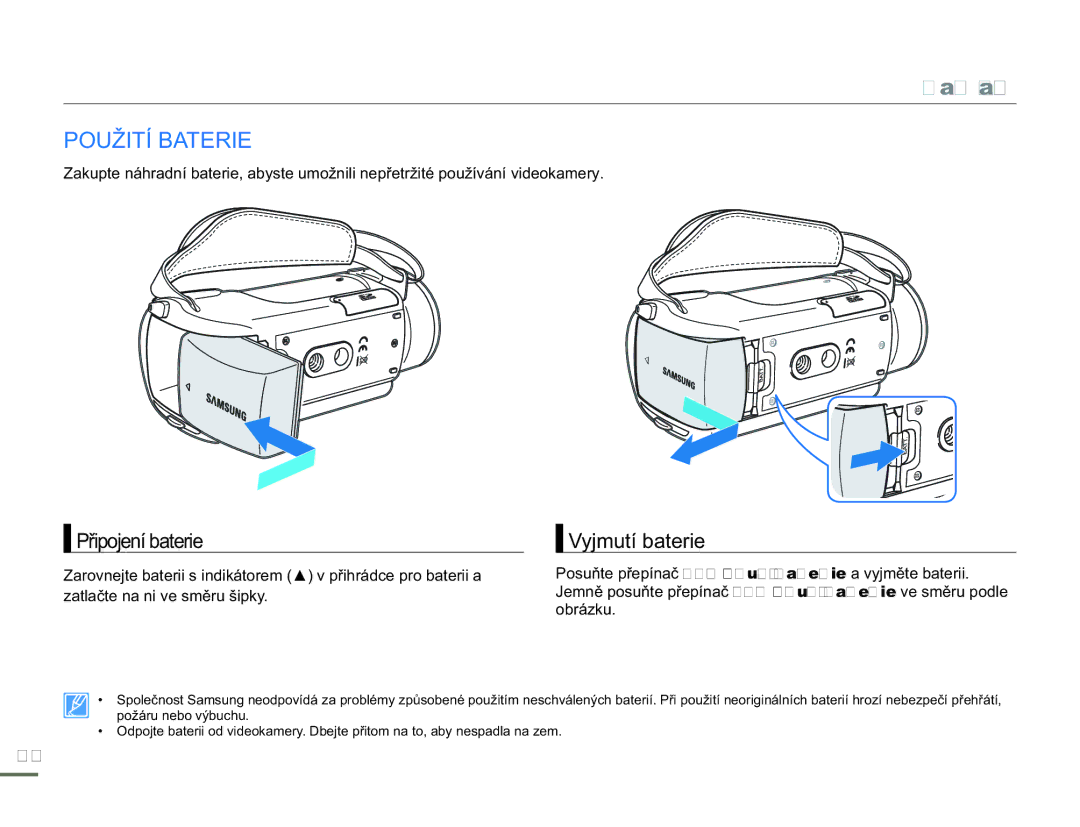 Samsung HMX-H304BP/EDC, HMX-H300BP/EDC, HMX-H300RP/EDC, HMX-H300SP/EDC manual Jak začít, Použití Baterie 