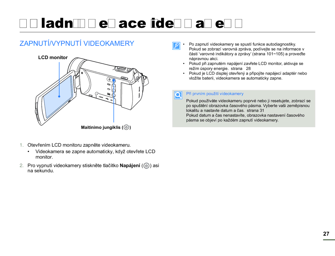 Samsung HMX-H300SP/EDC, HMX-H300BP/EDC manual Základní operace videokamery, ZAPNUTÍ/VYPNUTÍ Videokamery, LCD monitor 