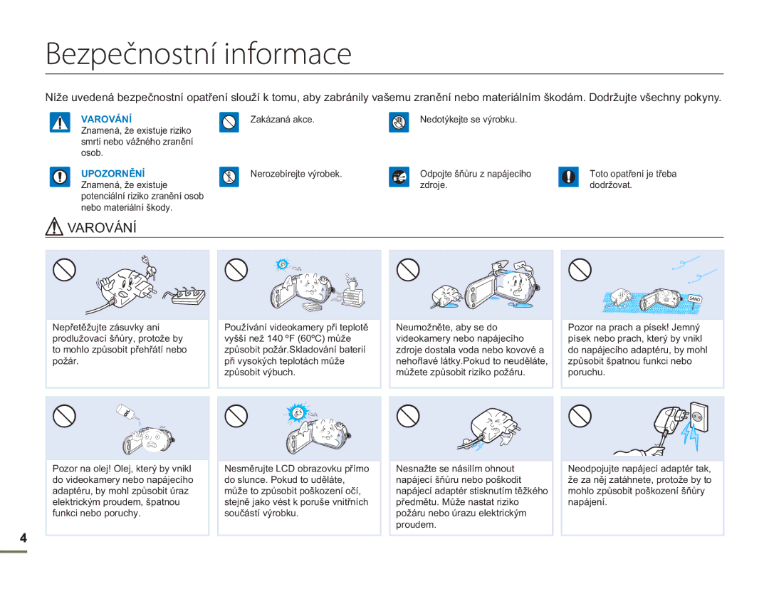 Samsung HMX-H300BP/EDC, HMX-H300RP/EDC, HMX-H304BP/EDC, HMX-H300SP/EDC manual Bezpečnostní informace, Varování 