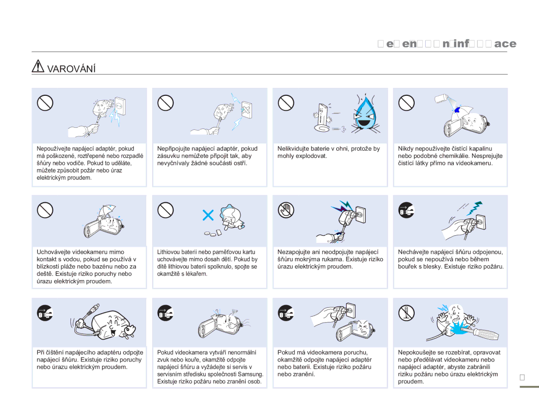 Samsung HMX-H300RP/EDC, HMX-H300BP/EDC, HMX-H304BP/EDC, HMX-H300SP/EDC manual Bezpečnostní informace 