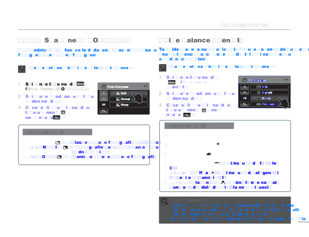 Samsung HMX-H300SP/EDC, HMX-H300BP/EDC, HMX-H300RP/EDC manual White Balance Vyvážení bílé, „Photo Sharpness Ostrost 
