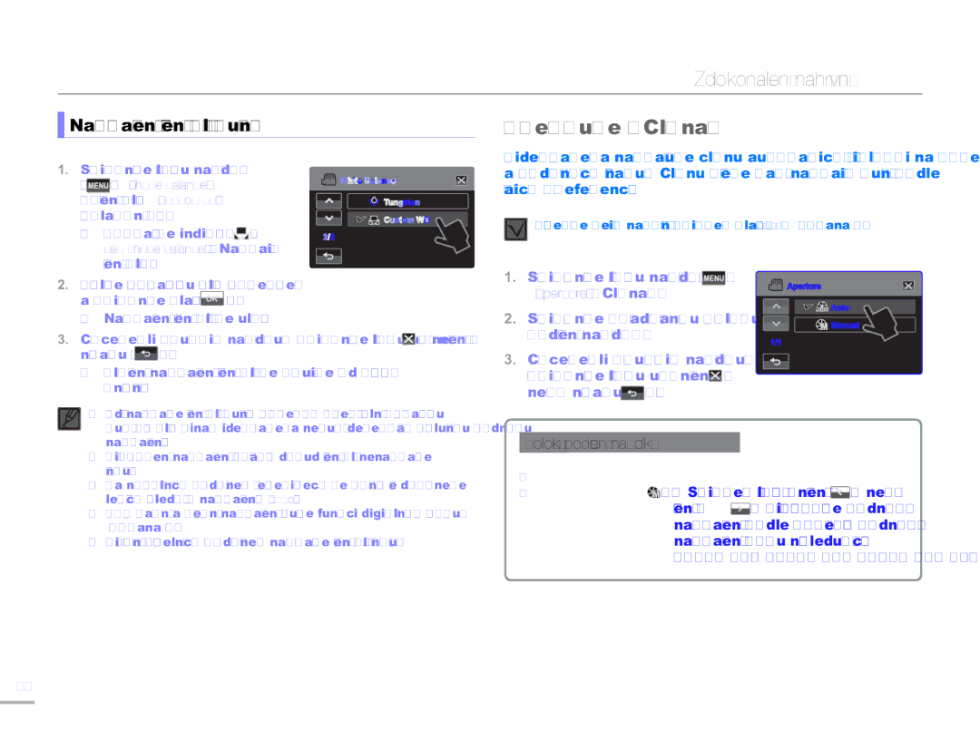 Samsung HMX-H300BP/EDC, HMX-H300RP/EDC, HMX-H304BP/EDC manual Aperture Clona, Nastavení vyvážení bílé ručně, „White Balance 