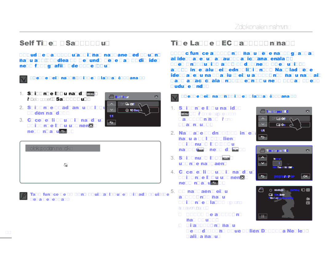 Samsung HMX-H300BP/EDC, HMX-H300RP/EDC, HMX-H304BP/EDC manual Self Timer Samospoušť, Time Lapse REC Časosběrný záznam 