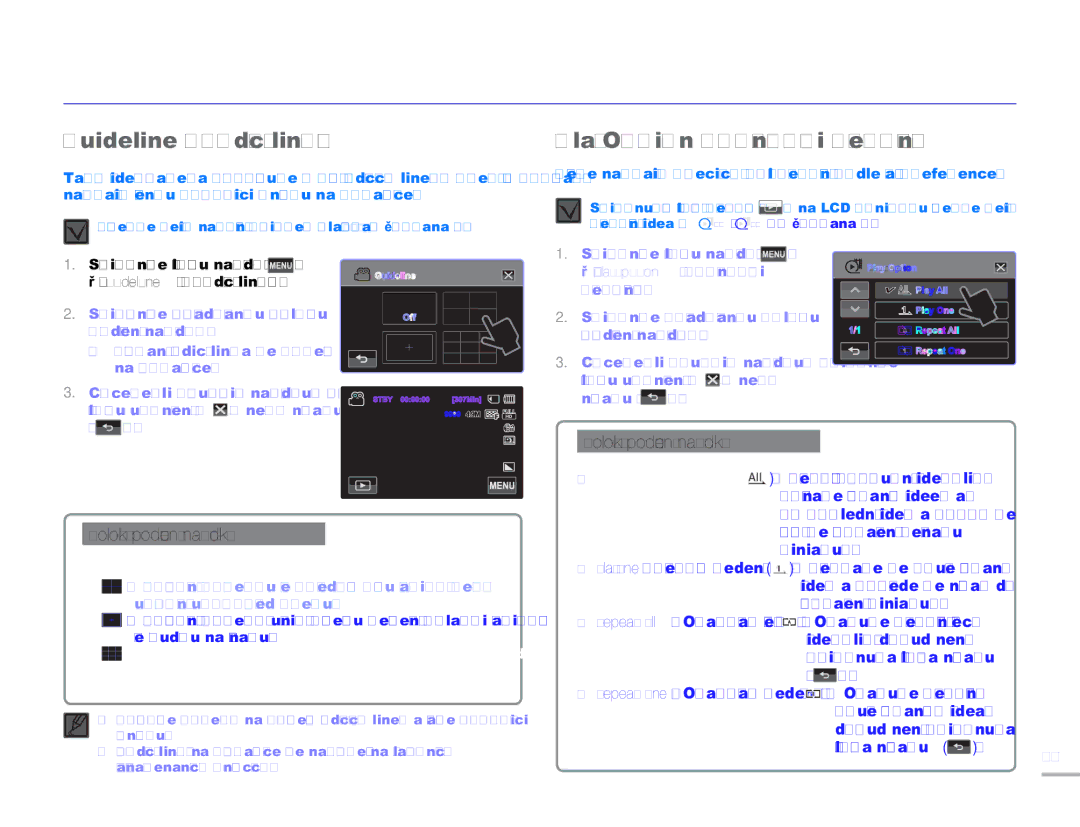 Samsung HMX-H300SP/EDC manual Zdokonalen pehrvn, Guideline Vodící linky, Play Option Možnosti přehrávání, Záložka návratu 