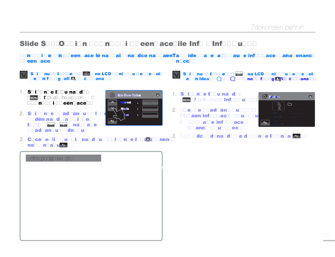 Samsung HMX-H300RP/EDC, HMX-H300BP/EDC, HMX-H304BP/EDC manual Slide Show Option Možnosti prezentace, File Info Inf.soub 