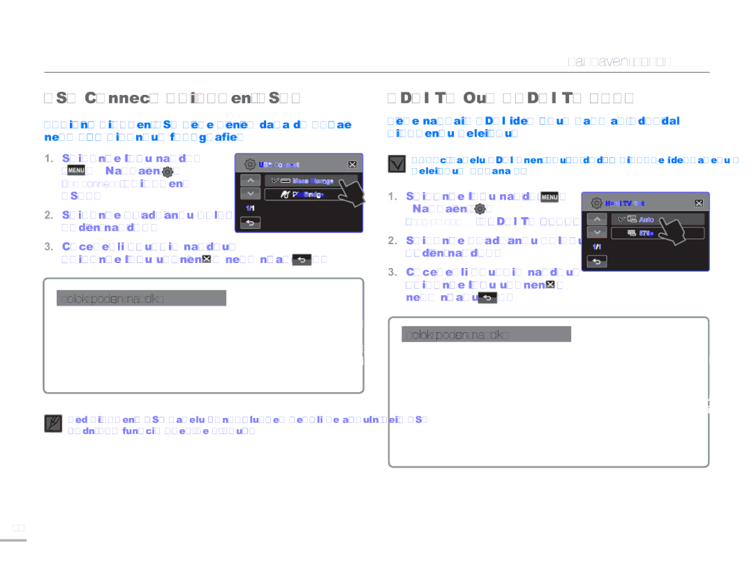 Samsung HMX-H300BP/EDC, HMX-H300RP/EDC USB Connect Připojení USB, Hdmi TV Out Hdmi TV výst, Stiskněte požadovanou položku 