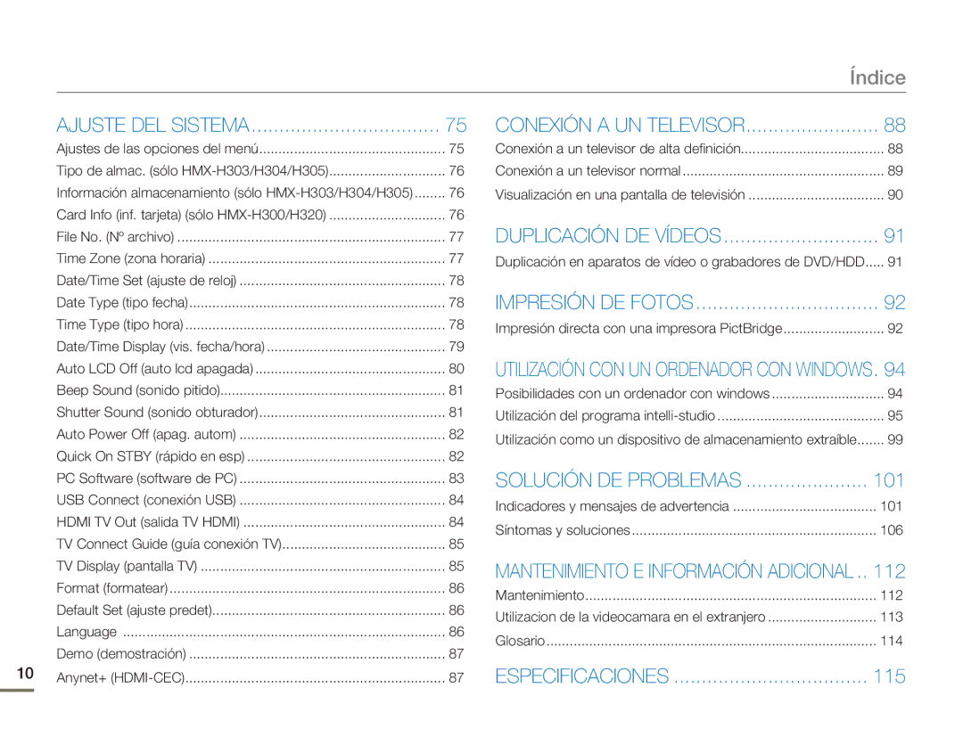 Samsung HMX-H300BP/EDC, HMX-H300RP/EDC manual Conexión a UN Televisor, 101, 115 