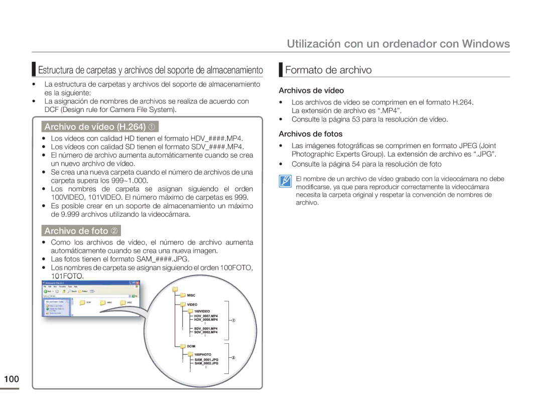 Samsung HMX-H300BP/EDC, HMX-H300RP/EDC manual Formato de archivo, Archivo de vídeo H.264 ➀, Archivo de foto ➁, 100 