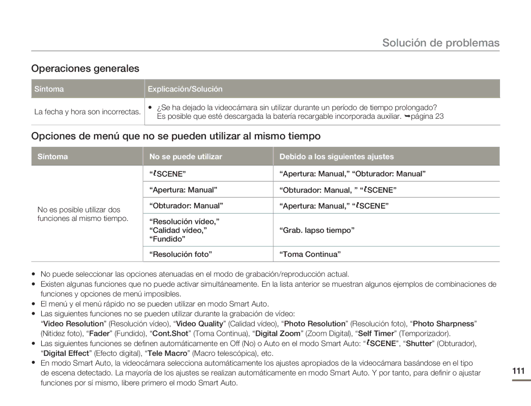 Samsung HMX-H300RP/EDC manual Operaciones generales, Opciones de menú que no se pueden utilizar al mismo tiempo, 111 