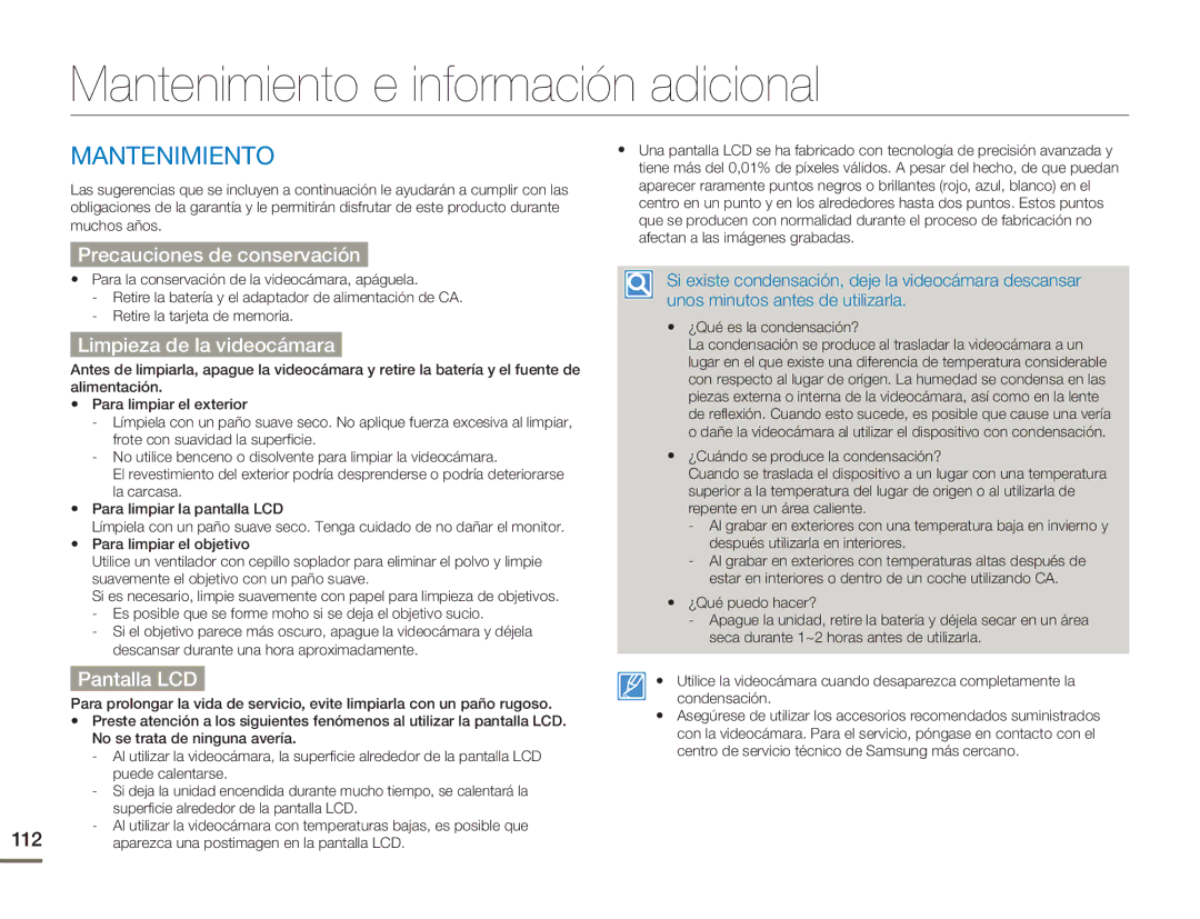 Samsung HMX-H300BP/EDC Mantenimiento e información adicional, Precauciones de conservación, Limpieza de la videocámara 