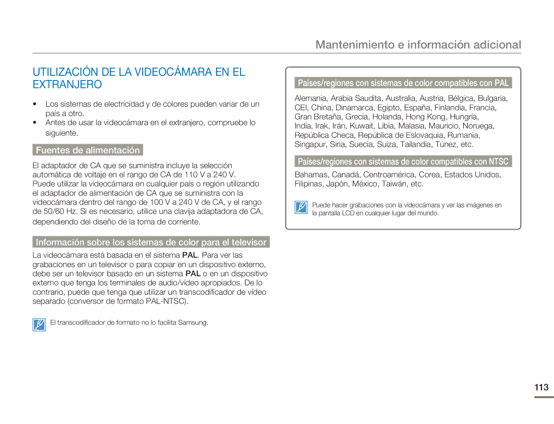 Samsung HMX-H300RP/EDC manual Mantenimiento e información adicional, Utilización DE LA Videocámara EN EL Extranjero, 113 