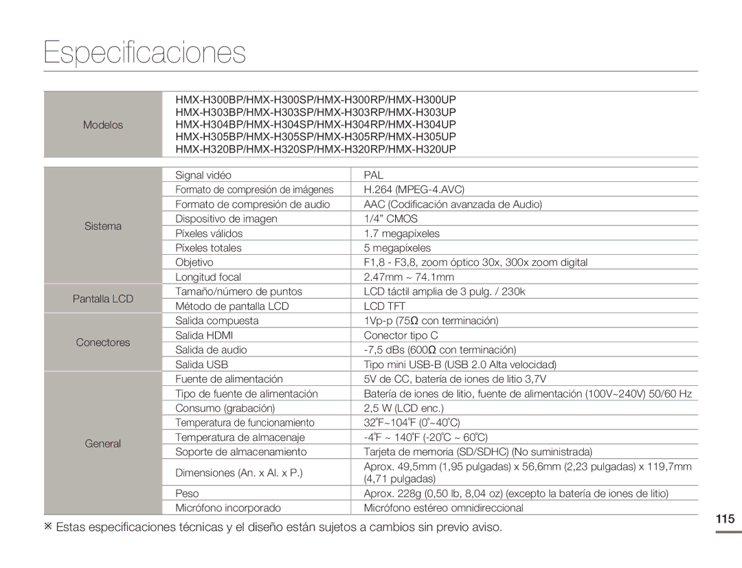 Samsung HMX-H300RP/EDC manual Especificaciones, Modelos, Signal vidéo, Salida compuesta 1Vp-p 75Ω con terminación, Pulgadas 