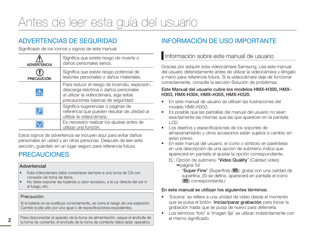 Samsung HMX-H300BP/EDC, HMX-H300RP/EDC manual Antes de leer esta guía del usuario, Advertencias DE Seguridad, Precauciones 