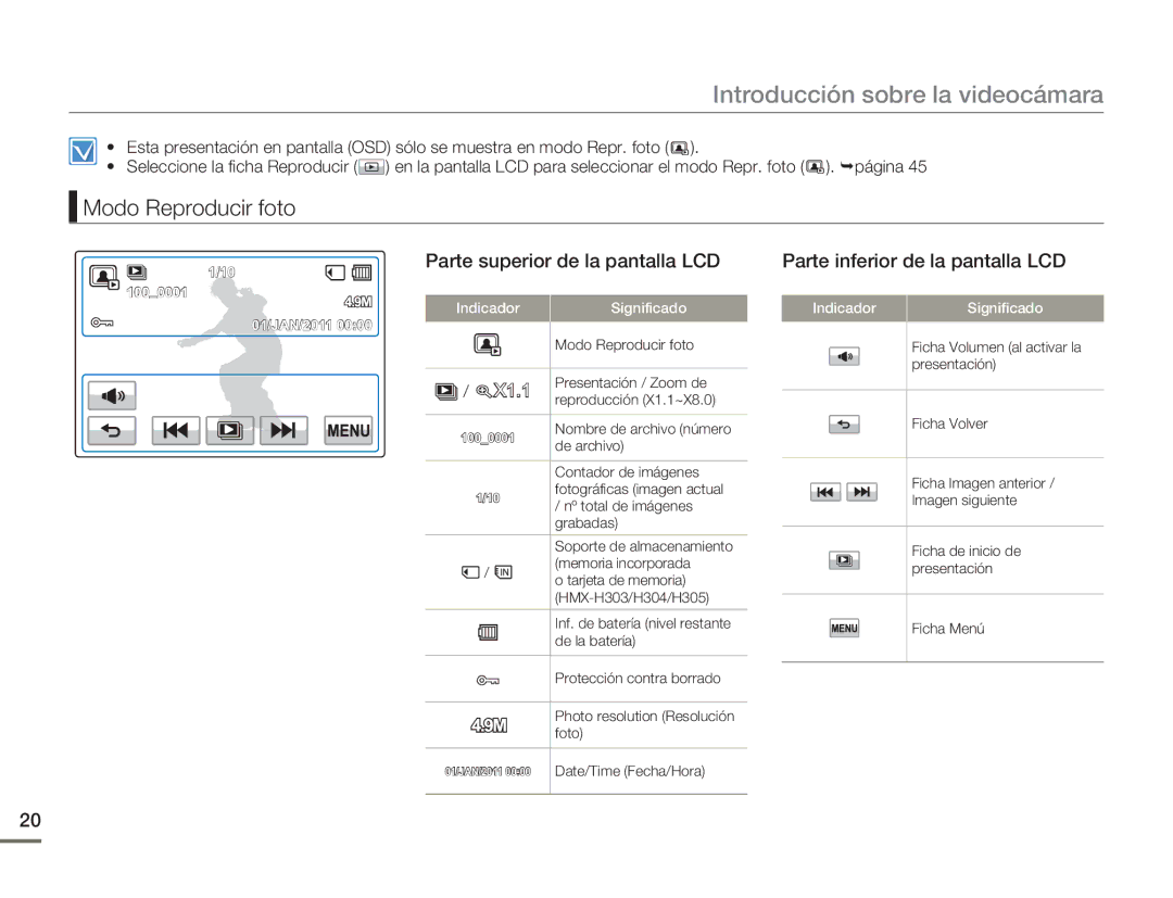 Samsung HMX-H300BP/EDC, HMX-H300RP/EDC manual Modo Reproducir foto, Parte superior de la pantalla LCD 