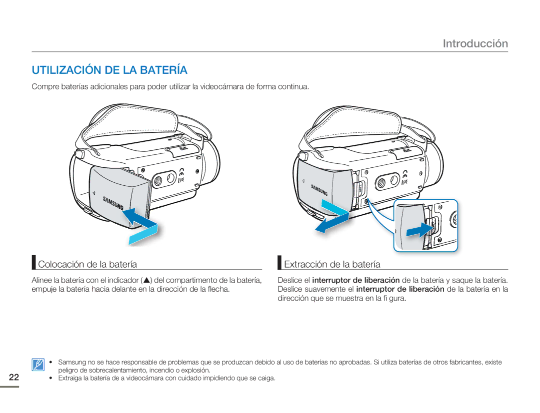 Samsung HMX-H300BP/EDC manual Introducción, Utilización DE LA Batería, Colocación de la batería, Extracción de la batería 