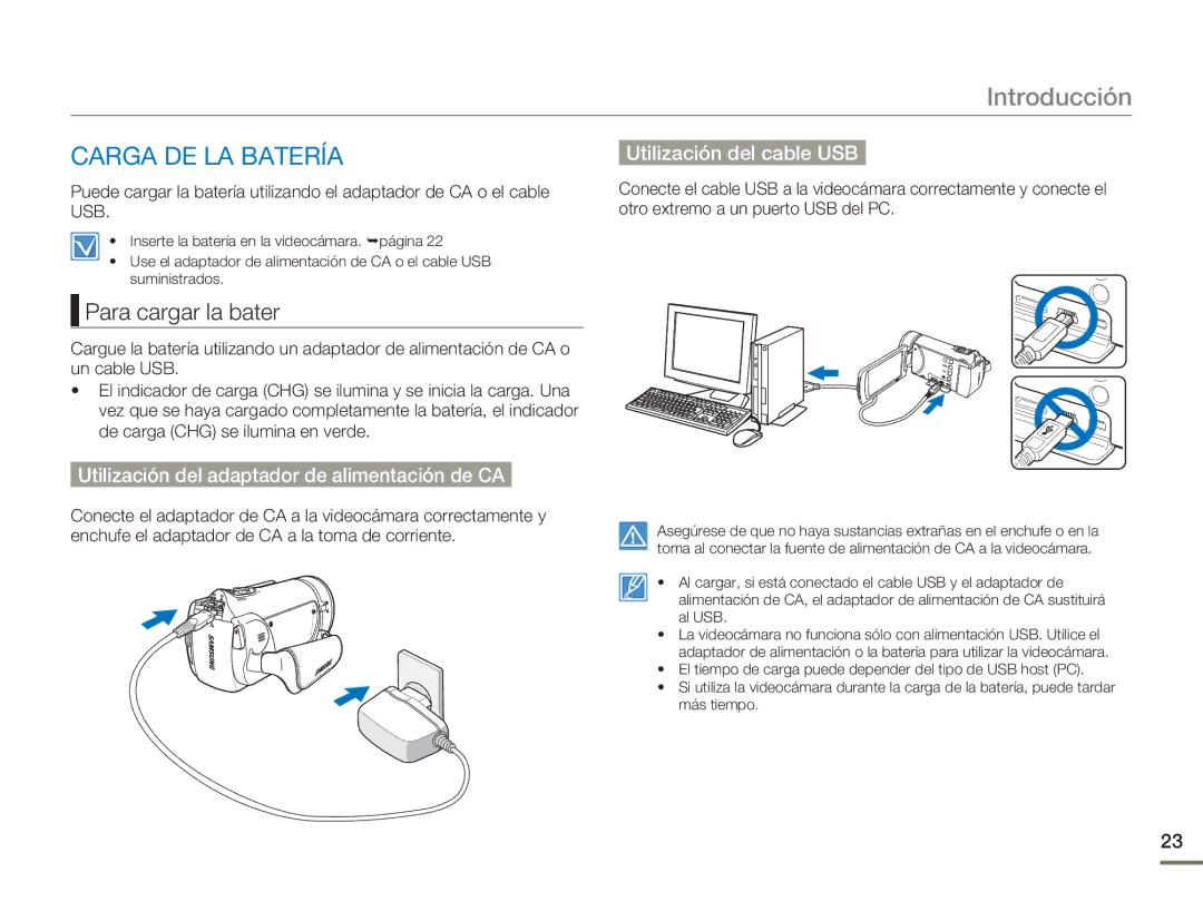 Samsung HMX-H300RP/EDC, HMX-H300BP/EDC manual Carga DE LA Batería, Para cargar la bater, Utilización del cable USB 