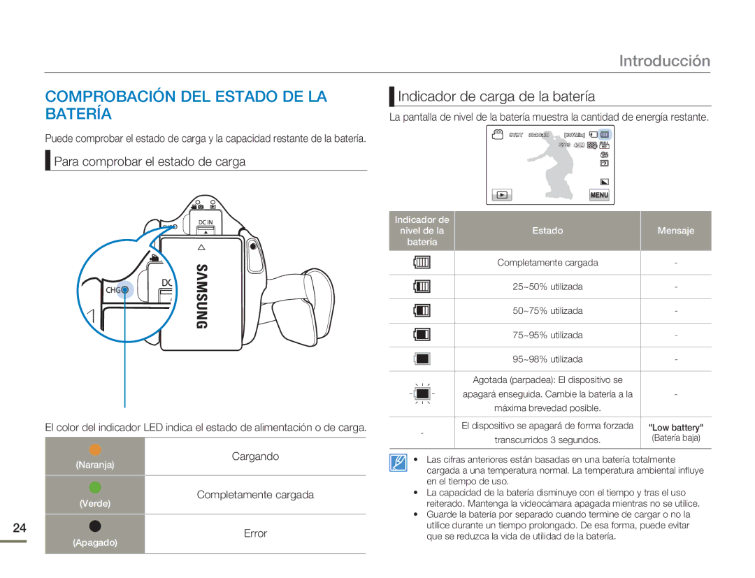 Samsung HMX-H300BP/EDC, HMX-H300RP/EDC Comprobación DEL Estado DE LA, Batería, Indicador de carga de la batería, Cargando 