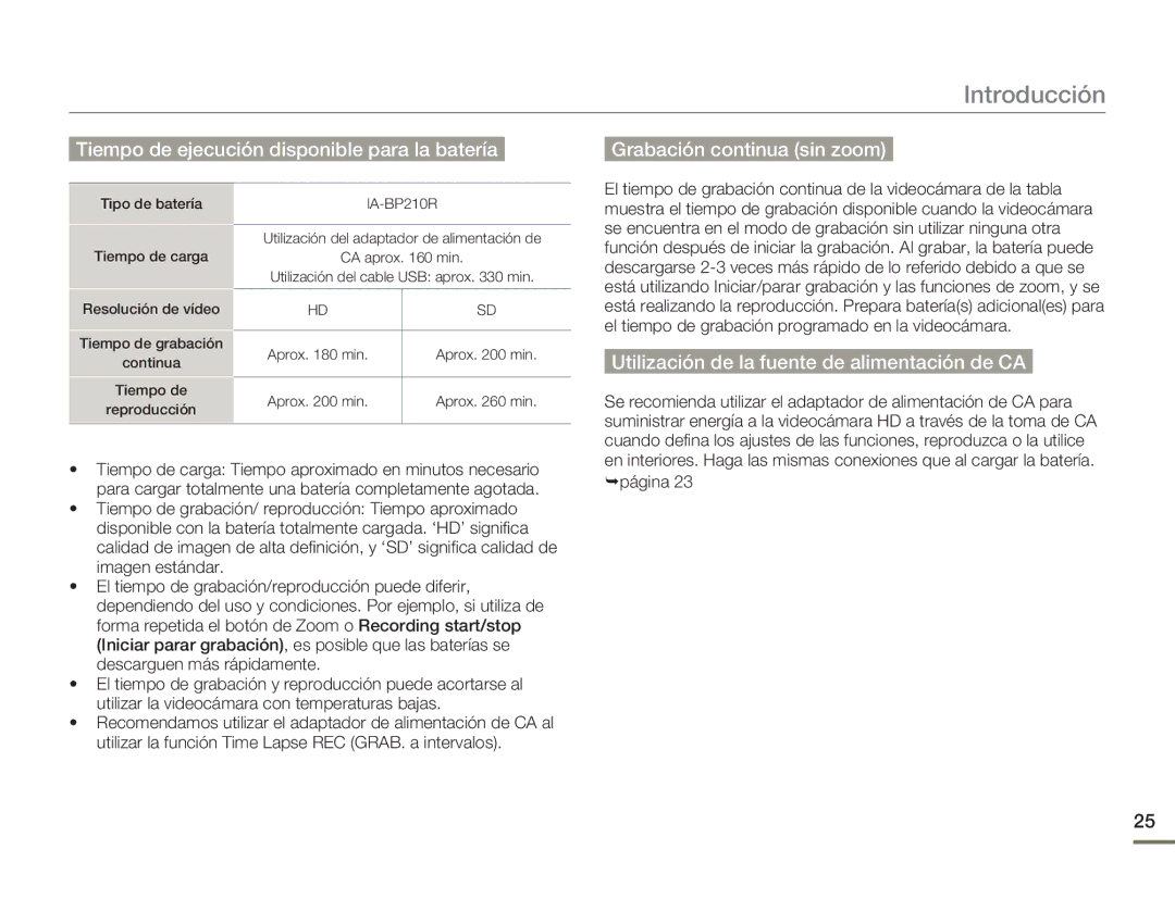 Samsung HMX-H300RP/EDC, HMX-H300BP/EDC manual Utilización de la fuente de alimentación de CA, IA-BP210R 