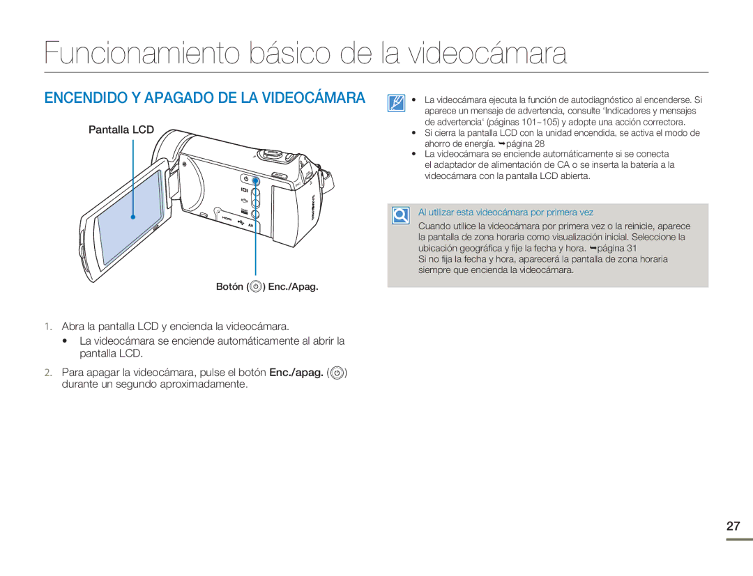 Samsung HMX-H300RP/EDC, HMX-H300BP/EDC manual Funcionamiento básico de la videocámara, Pantalla LCD 