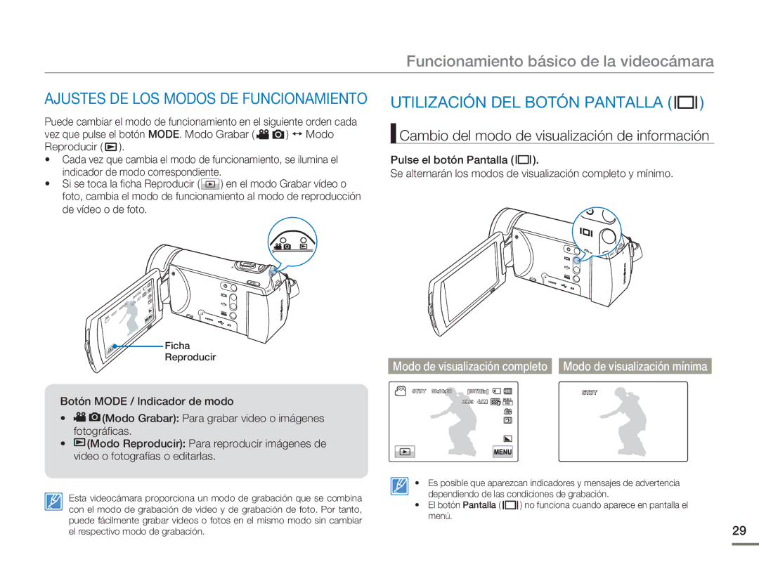 Samsung HMX-H300RP/EDC, HMX-H300BP/EDC Utilización DEL Botón Pantalla, Cambio del modo de visualización de información 